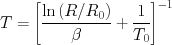 T = \left[\frac{\ln\left(R/R\sub0\right)}{\beta} + \frac{1}{T\sub0}\right]^{-1}